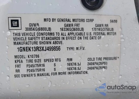 1999 Chevrolet Tahoe K1500 from USA, damaged, VIN 1GNEK13R3XJ499856